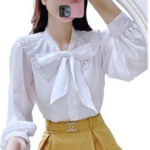 Wholesale <b>Women's</b> Modern Bow Tie <b>Blouse</b> Pleated Ruffle Yoke <b>Long</b> Sleeve Button Front Top <b>for</b> Everyday Office and Boutique Retail - Product Image 3
