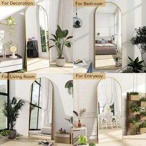 Specchio da terra ad arco autoportante da 56"x21" con cornice in legno dorato - Product Image 2