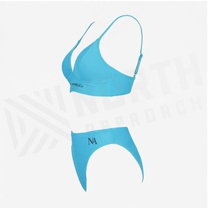 North Approach Women's <b>Blue</b> Ribbed <b>Bikini</b> <b>Set</b> Deep V Neck Triangle Top Hipster Bottoms Solid Color Stretch Swimwear - Product Image 3