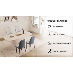 Tavolo da Pranzo in Stile Moderno Medievale da 160 cm in MDF Color Crema con Set di 4 Sedie da Pranzo in PU, Piano in Metallo Nero e Gambe in Metallo - Product Image 6