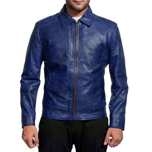 <b>Men's</b> Blue Genuine <b>Leather</b> <b>Jacket</b> Turn-down Collar Zipper Closure Casual Regular Fit <b>Jacket</b> For Sale - Product Image 1