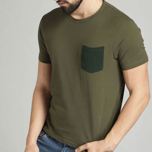 Camiseta Casual de Cuello Redondo para Hombre, Tejida en Poliéster/Algodón, de Alta Calidad, Secado Rápido, Transpirable, Color Verde Sólido, con Bolsillo en el Pecho - Product Image 1