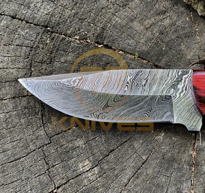 มีดทำมือเหล็กดามัสกัส ใบมีดคงที่ สำหรับล่าสัตว์และตั้งแคมป์ ด้ามไม้ DIY พร้อมปลอกหนัง - Product Image 3