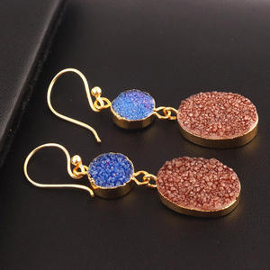 Stylish sugar agate druzy <b>dangle</b> <b>earrings</b> handmade <b>gold</b> electroplated brass gemstone hook jewelry Wholesale stone ear adornment - Product Image 4