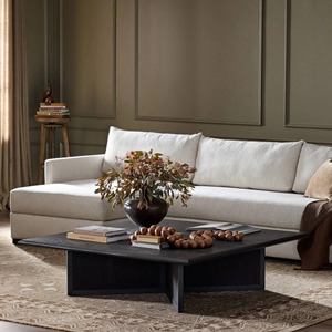 Mesa de Centro Moderna Hecha a Mano con Tapa Cuadrada Negra y Base de Pedestal en Forma de Cruz con Cordón Tejido, para Sala de Estar, de Madera de Mango - Product Image 2