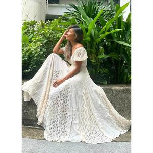 Vintage White Eco-Friendly Maxi Dress Women <b>Boho</b> Shoulder Spaghetti Strap Embroidery Hollow Natural Waist Organic Cotton Summer - Product Image 1