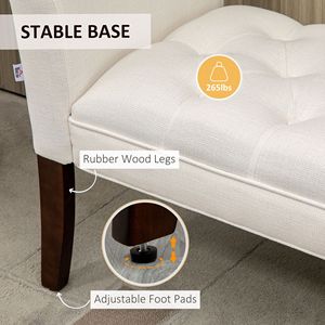 Panca da camera da letto con gambe in legno massello, imbottita in bianco crema, senza braccioli, con bottoni, per l'estremità del letto - Product Image 6