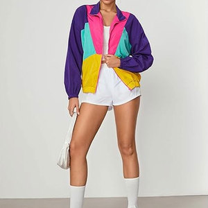 Chaqueta Ligera de Mujer con Bloques de Color y un Solo Botón, Estilo Patchwork Deportivo, Cortavientos Retro de los 80, Ropa Deportiva para Correr al Aire Libre - Product Image 5