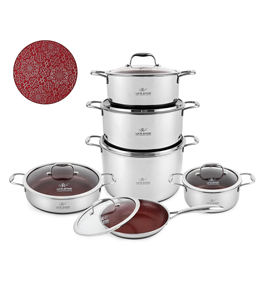 Juego de Utensilios de Cocina de Acero Inoxidable 18/10 de Alta Calidad, 12 Piezas, con Patrón Entrecruzado Rojo Antiadherente y Compatibilidad con Inducción - Product Image 1