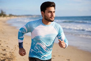 SHAN Maillot de bain anti-UV à manches longues pour homme, imprimé par sublimation, motif vague bleue, en polyester, tailles adultes - Product Image 6
