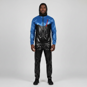 Ensemble de survêtement OEM personnalisé noir et bleu en PVC et polyester pour athlètes, idéal pour la perte de poids avant la course et l'entraînement à domicile - Product Image 1