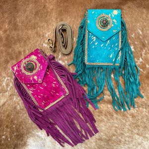 Bolso bandolera con flecos grandes de cuero de vaca metálico para mujer, bolso para teléfono móvil Concho de cuero genuino occidental para mujer - Product Image 4