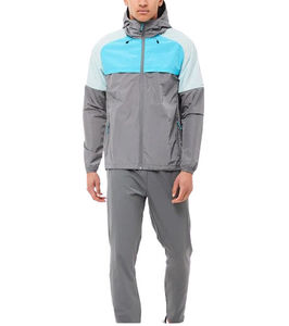 Ensemble de veste coupe-vent à capuche pour homme, color-block, sportif, séchage rapide, polyester, gris clair, bleu, gris - Product Image 1