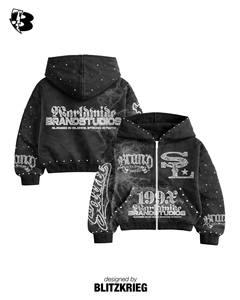 Black Zip Hoodie | Oversized Studded <b>Gothic</b> Graphic Hoodie | Blessed In Silence Streetwear <b>Jacket</b> OEM Private Label Manufacturer - Product Image 1
