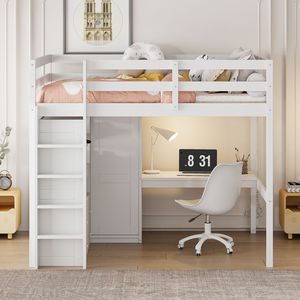 Letto a Soppalco Bianco Full-Size con Armadio Integrato, Scrivania e Scaffali - Soluzione Completa di Arredamento in Legno - Product Image 3