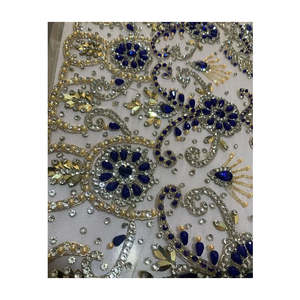 Tissu en dentelle perlée à la main avec pierres de cristal bleu roi, forte demande, vente en gros, pour robes de mariée, fabricant de tissus en filet - Product Image 1