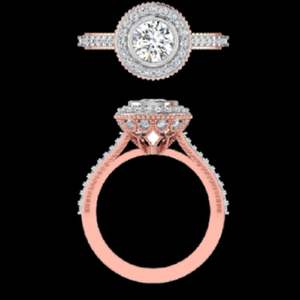 Anillo de compromiso de oro rosa con diamantes de 1.53 quilates, engaste de halo doble redondo, corona vintage y banda con pavé. - Product Image 2