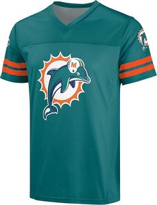 Camiseta de los Miami Dolphins en color verde azulado con mangas a rayas naranjas, de secado rápido, con bordado a máquina, diseño duradero, material de poliéster. - Product Image 2