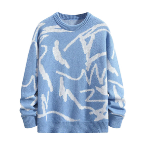 Pull en maille ras du cou bleu uni en coton anti-boulochage à manches longues coupe classique pour homme – Collection Automne - Product Image 2