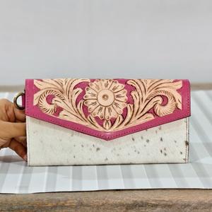 Portefeuille long en cuir véritable fait main avec motif floral en relief, style bohème, fermeture pliante, pour femme, usage quotidien - Product Image 2