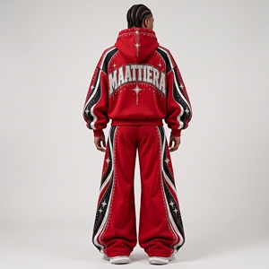 <b>Womens</b> Red Rhinestone Tracksuit Set Oversized Hoodie Wide Leg Sweatpants Black White Panel Custom Streetwear <b>Outfit</b> - Product Image 2