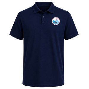 Navy Blue <b>Collared</b> Polo <b>T</b> <b>Shirt</b> Featuring Embroidered Jack & Jill Crest Patch on Chest Plain Back Short Sleeve Casual Fashion - Product Image 1