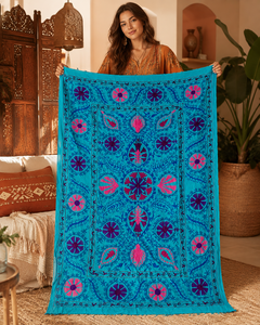 Couvre-lit en coton brodé Suzani fait main de luxe, turquoise rose, motif floral bohème, couvre-lit traditionnel indien, décoration ethnique pour la maison - Product Image 4