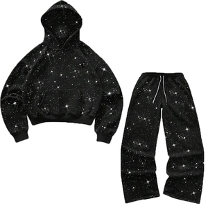 Ensemble de survêtement unisexe haut de gamme en polyester/coton tissé respirant avec strass, sweat à capuche et pantalon de survêtement personnalisés à paillettes, style streetwear - Product Image 5