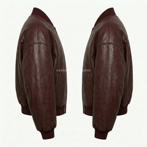 Custom Men <b>Burgundy</b> Bomber <b>Leather</b> <b>Jacket</b> Wholesale Oversized Sheepskin Flight Coat Winter Warm Padded Puffer Outwear - Product Image 4
