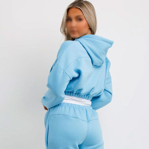 Conjunto de Sudadera Corta Azul Claro para Mujer con Pantalones Jogger a Juego, Color Sólido, Manga Larga, Informal, Transpirable, Tejido de Felpa, 100% Felpa - Product Image 6