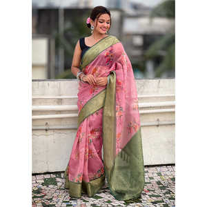 ผ้าซิลค์พิมพ์ลายดอกไม้สีชมพู พร้อมขอบทอผ้าซารีด้วยไหมซารี สำหรับชุดราตรี - Product Image 1