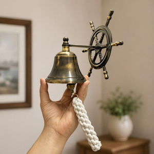 Nautical Ship Wheel Brass Bell Wall Mounted Customized Shape Polished <b>Wind</b> <b>Chime</b> Cotton Rope Pull Antique Style Home Decoration - Product Image 3