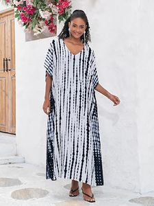 V-Neck Tie Dye Striped Maxi Dress Cap Sleeve Loose Boho <b>Summer</b> Casual <b>Kaftan</b> With Pockets Asymmetrical Hem - Product Image 3