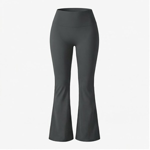 Pantalon de yoga taille haute évasé longueur cheville, couleur unie, sans couture, extensible dans les quatre sens, en Spandex et Polyester, pour femme - Product Image 1