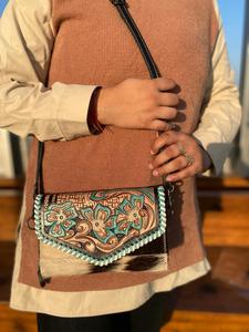 Nueva funda de teléfono de embrague de cuero tallado a mano, elegante cartera turquesa de cuero de vaca para mujer, Mini bolsos de cuero genuino - Product Image 4