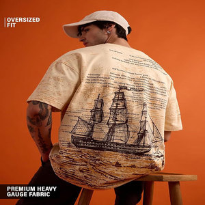 เสื้อยืดแขนสั้นผู้ชายลายพิมพ์วินเทจ ผ้าถัก 100% คอตตอน ทรงปกติ ระบายอากาศได้ดี พร้อมลายเรือใบด้านหลัง - Product Image 3
