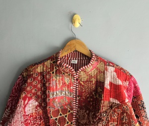 Vintage Patchwork <b>Quilted</b> Jacket Mandarin Collar Cotton Bamboo Fiber Unisex Autumn Loose Fit <b>Single</b> Button Red Patterned Design - Product Image 4
