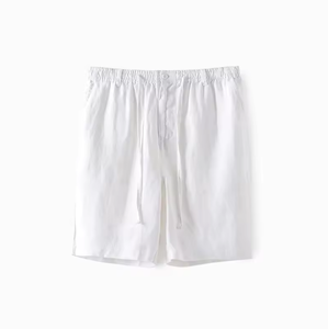 Shorts d'été gris en gaze de coton légers pour hommes, couleur unie, respirants, taille élastique avec cordon de serrage, coupe droite, cinq poches - Product Image 4