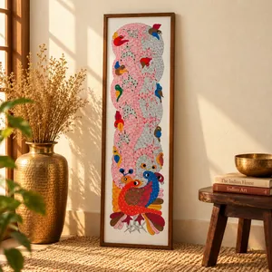 Peinture Gond traditionnelle avec des oiseaux colorés et des motifs de paons pour la décoration murale tribale indienne et l'art de la maison - Product Image 6