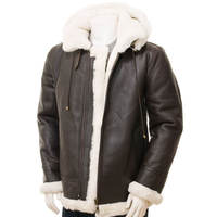 Blouson en cuir pour homme style classique à capuche et fermeture éclair, en peau de mouton, doublure en fausse fourrure épaisse, grandes tailles, éco-responsable