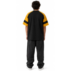 <b>Men's</b> Black Yellow Raglan Sleeve T-<b>Shirt</b> Oversized Casual O-Neck Printed Letter Design Contrast Trim Knitted Embossed T-<b>Shirt</b> - Product Image 3