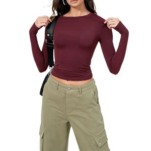 Camiseta de manga larga para mujer, de color liso, a la moda, ajustada, informal, con cuello redondo, básica, ropa urbana, top corto - Product Image 4