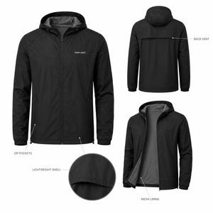 Veste coupe-vent légère à capuche pour homme avec doublure en mesh, poches zippées, vêtements d'extérieur décontractés, noir uni, coque en polyester - Product Image 2