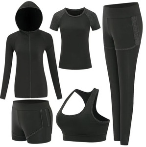 Conjunto Deportivo de 5 Piezas para Mujer, Sudadera con Capucha Negra, Camiseta, Sujetador Deportivo, Pantalones Cortos de Ciclismo, Leggings, Sin Costuras, Transpirables, de Poliéster - Product Image 1