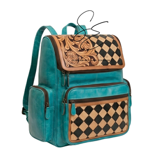 Handmade Diaper Bag Trendy Checkered Design Turquoise Nappy Bag For Mothers Tooled <b>Leather</b> Jumbo <b>Backpack</b> With <b>Large</b> Storage - Product Image 2