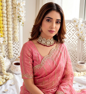 Sari de Seda Rosa Bordado Estilo Bollywood de AARA Fashion con Protección Solar, Vestido Tradicional para Mujer para Bodas y Fiestas, Todas las Temporadas - Product Image 4