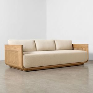 Teak <b>Cane</b> <b>Sofa</b> 3 Seater for Hotel Resort Lobby Lounge Project Solid Teak Wood Upholstered Seating OEM Custom Seating Supplier - Product Image 3