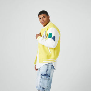 Custom Wholesale <b>Men</b> Varsity Letterman <b>Jacket</b> <b>Yellow</b> Contrast Sleeve Patchwork Snap Button <b>Jacket</b> Stand Collar - Product Image 4
