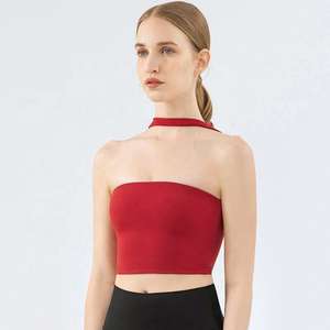 Top corto deportivo transpirable de invierno para mujer con cuello halter acanalado y diseño cruzado tipo bandana - Product Image 4