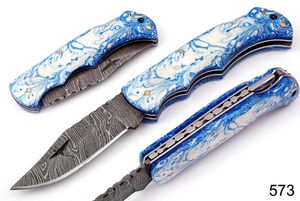 Hot Selling Copper Damascus Steel Folding Knife <b>Back</b> Lock Turquoise Style Resin Handle Sheath Cu Mai EDC Camping OEM Knife - Product Image 3